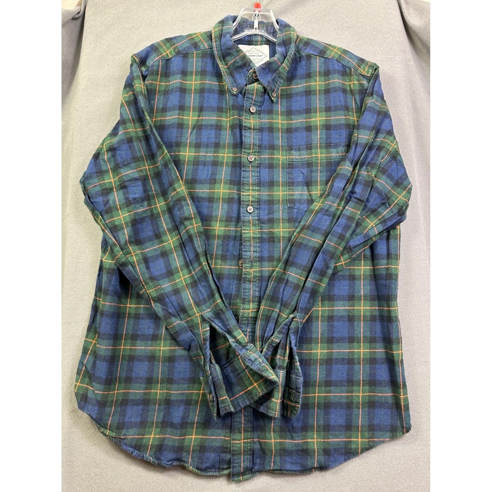 St Johns Bay Men's Brushed Flannel Shirt Navy Green Orange Plaid Button Down M